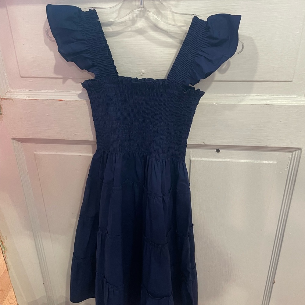 Hill House Nap Dress Navy Blue Smocked Dress with Ruffle Sleeves